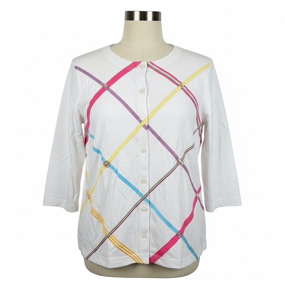 Onque Casuals Cardigan Large White Colorful Plaid Embellished Preppy Chic Easter